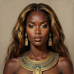 a professionally painted african female model , grace jones, clothed in ancient, dark skin, dark gold hair, beautiful bone structure, symmetrical facial features, stunningly beautiful, intricate, elegant, digital painting, smooth, sharp focus, illustration, made by Kehinde Wiley, Kara Walker, Jacob Lawrence