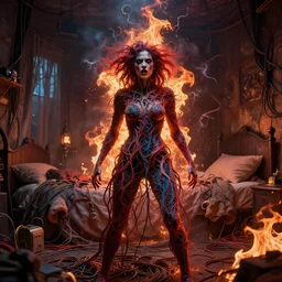 rgb, woman, bedroom full of fire, thunder, rage, cinematic, movie scene, inspired by zdzislaw beksinski, clothes made out of veins,, cables everywhere, bedroom, ultra realistic, concept art, intricate details, highly detailed, photorealistic, octane render, 8 k