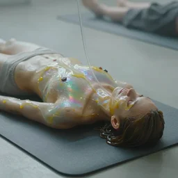 cinestill close - up of iridiscent oil slick corpses connected by a transparent pipe to a wax technical form relaxing on yoga mat, faded, iridiscent gradient, fog, depth of field, blur, very detailed, glitch, by nadav kander and hans bellmer, 8 k, ultrarealistic, ultradetailed, sad atmosphere, cinematic, 8 5 mm lens