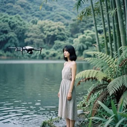 a photograph of a female model with black hair standing in lake with her drone flying beside her, japan, fern, bamboo, ethereal, film photography, cctv, daido moriyama