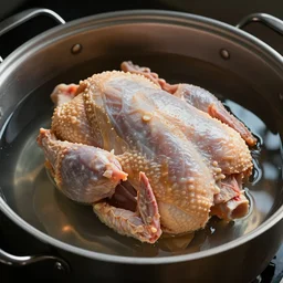 a photograph of raw uncooked chicken sitting in a pot of water, please