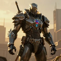 Cyberpunk Warrior God ready for war, atmospheric lighting, painted, intricate, golden hour, ultra detailed by Rob liefeld