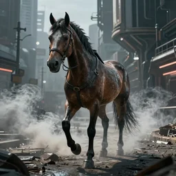 apocalyptic, a terminator horse walking on the future street. smoke. volumetric lighting, sharp focus, ultra detailed, cgsociety - w 1 0 2 4 - n 8 - i