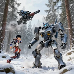 mech combat, combat robot getting obliterated by mech sniper miles away, greg rutowski yoji shinkawa hyperrealism photo - realistic lifelike photography in winter beautiful forest day