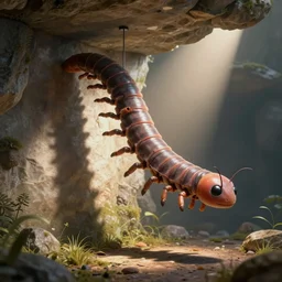 elongated centipede furby hanging from the ceiling