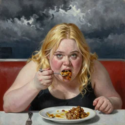 obese and grotesque Elle Fanning at a diner scarfing food like a pig, head and shoulders portrait, stormy weather, extremely detailed masterpiece, Roger Deakin’s cinematography, oil on canvas, Rembrandt,