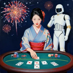 woman in a japanese kimono sitting at an extremely detailed poker table with the startrooper, fireworks and stars on the background, by andy warhol, by roy liechtestein, canvas, acrylic paint, cool color palette, 4 k, ultra - hd