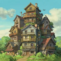 stacked houses, solarpunk, studio ghibli, 4 k