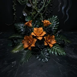 an ultra high definition photograph of dark ochre flowers, black roses, dark green jungle leaves, vines, abstract alien flora laying on a painted black floor. dark rich moody colour grading,
