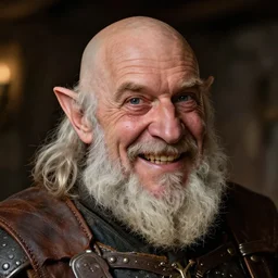 head and shoulders portrait in a tavern of a dwarf adventurer, jovial, scarred lip, grandfatherly, leather armor, male, high fantasy, d & d, by annie liebovitz, face details, extremely detailed, photo