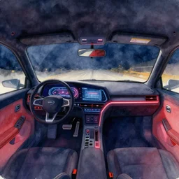 watercolor, first person pov of car interior at night with neon traced dashboard and front window, futuristic 2 0 8 4 car interior concept art, impressionist watercolor by syd mead, cinematic lighting