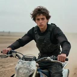 cinestill 5 0 d candid photographic portrait by helen levitt of a mixed teen wearing rugged black mesh techwear on a dirtbike through a desolate plain, extreme closeup, modern cyberpunk moody emotional cinematic, dust storm, 8 k, hd, high resolution, 3 5 mm, f / 3 2, ultra realistic faces, ex machina