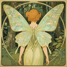 a fairy seen from behind, with beautiful wings, in the woods, art nouveau style