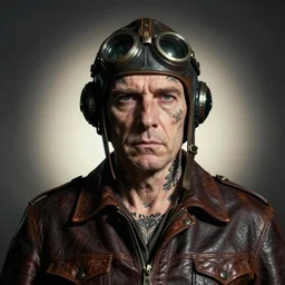 portrait, headshot, old victorian retro - futurist pilot, leather pilots uniform, heroic composition, by loish, moebius, regal, dramatic lighting, backlit, spot lit, shadowed, mysterious, tattoos, intricate, hyper realistic, hyperdetailed, centered, cinematic