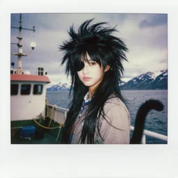 black - haired girl with wild spiky black saiyan hair with long bangs over her eyes, hair covering eyes, cat tail behind her, tail, wearing casual clothing, standing on an alaskan fishing vessel, mekoryuk, alaska, 1 9 6 5, polaroid, kodachrome, grainy photograph