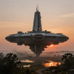 huge brutalistic spaceship, centered, puddles of water, trees, sunset, orange glow, foggy, by shishkin, bradley noah and greg rutkowski