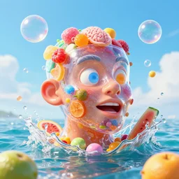 ! dream a funny sculpture of a squashed human head with a transparent head wrapped in funny stuff and sweets on ocean water, funny face, giant bubbles, juicy jelly, brain, crashed fruit, fruit juice, realistic water splashes, water art, vibrant, in the style of mike campau, cg render, ray tracing, 8 k resolution, sharp