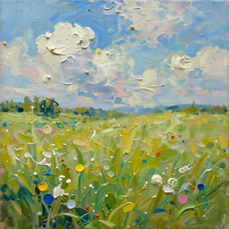 oil paint impasto reliefs summer fields,! dream oil paint impasto reliefs summer fields, super realistic, painted with thick expressive paint and cumulus clouds, some splattered paint, painting, oil paint, splatter paint