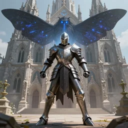 man standing in defensive pose, good anatomy, fantasy knight, magic armor, servant of dark moth, magic eyes, digital art, concept art, simulation, structure, fine, wide angle, natural light, volumetric, behind is a great church of magic