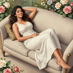 full body portraits, a scene from above, women relaxing on a sofa, happy, flowers, absurdly beautiful, elegant, realistic ultrafine hyperrealistic detailed face illustration by amrita sher - gil, intricate linework, sharp focus, bright colors, matte, unreal engine highly rendered, global illumination, radiant light, intricate environment
