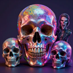 beautiful matte painting of psychedelic glittering skull by dan mumford and alex gray and lisa frank, octane render, HDR, vivid color, volumetric lighting,  CGsociety