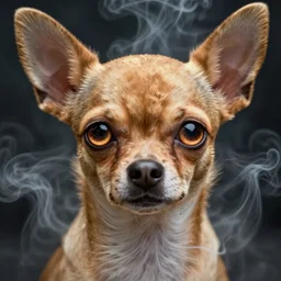 doe chihuahua huge ominous glowing brown eyes staring into my soul, perfect eyes, soft pale golden skin, intricate stunning highly detailed, Agostino Arrivabene, Tomasz Strzalkowski, twisted bright lucid dream, 8k portrait render, swirling thick smoke , beautiful lighting, dark fantasy art, cgsociety