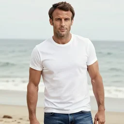 emmanuel macron on the beach, in jeans and white t - shirt, herculean, bulging muscular figure, beautiful gigachad, soft lighting, highly detailed face, sharp focus, artstation, sophie anderson, arnold armitage, loish, thomas kinkade
