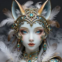 face portrait, artwork by james jean made of feathers mist and cloud, glossy eyes, chiara bautista, hyperdetailed realistic smooth polished porcelain, beautiful jackal queen, jean delville, art nouveau, highly saturated colors, ornate metal gothic icon heavy patina, joy, delicate, ultrasharp hyperdetailed photorealistic octane render, enchanting, otherworldly, whimsical, ethereal, mythology