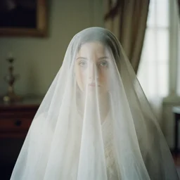 filmstill photography of female face covered with white translucent blanket, old victorian room