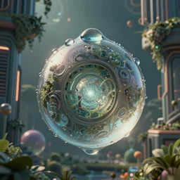 nature in drops of dew, within every dewdrop a world of struggle, fantasy intricate elegant under graphic cyberpunk building lush volumetric lighting 3 d modelling by warrick mcleod sundog