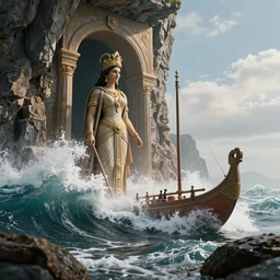 photograph with stylish lens effect, stylistic lighting, 1 9 8 0's sci - fi style, extremely epic, hyppereality, weta digital, octane render, a particle simulation ancient greek and indian goddess standing in the cliffside entrance to a cave alongside crashing dramatic ocean waves with sea foam and sea spray, an ancient greek trireme, cinema 4 d, volumetric lighting