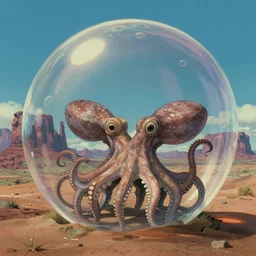 hyperrealist studio ghibli dull colors portrait from close encounters of the third kind 1 9 7 7 of two octopi swaying in a desert bubble monument valley