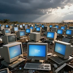 bliss windows xp screensaver with many broken dilapidated old computers graveyard, wide angle lens