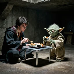Harry potter film, a scene where Harry and Master Yoda are eating in a Concrete wall basement, Sushi is placed on a small aluminum table placed in the center, Dark cinematic color tones.