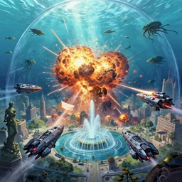 Spaceship fighter dogfight scene in a bustling beautiful city on the sea floor inside a glass dome exploding and being attacked by hostile aliens, war, explosions, violence, terror, spaceships, anime, fountain, statue, underwater, rapture, fish flying over head, godrays, a fantasy digital painting by Greg Rutkowski and James Gurney, trending on Artstation, highly detailed