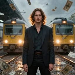 rich man standing still in front of two trains heading at us, raining money