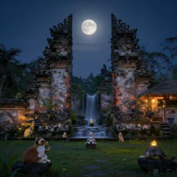 Landscape of the gods, beautiful stone structures, waterfalls, dark sky, bright moon, amazing lighting, peaceful creatures living in the cozy place