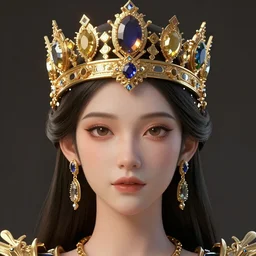 a beautiful symmetrical face wearing a crown made of golden ornaments and gems by alex gray and android jones, 3D, 8k resolution
