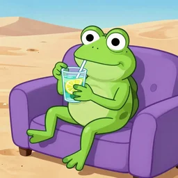 pepe the frog drinking lemonade on a purple couch in the desert