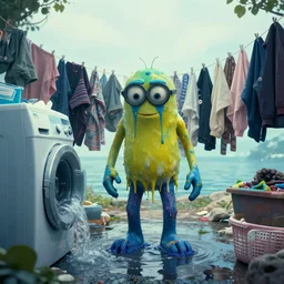 the dripping paint monster washing their laundry in the bay by beeple , cinematic atmosphere, establishing shot