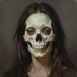 portrait of a woman with a skull face, Illustration, Detailed Oil painting, hyperrealistic, artstation, artstationHD, fantasy art, octane render