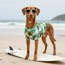 vizsla!!! wearing ( ( ( sunglasses ) ) ) outfit tropical surfboard 4 k photography