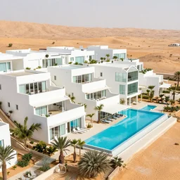 habitat 6 7, white terraced architecture hotel in the dessert, many plants and infinite pool, modern glass wall