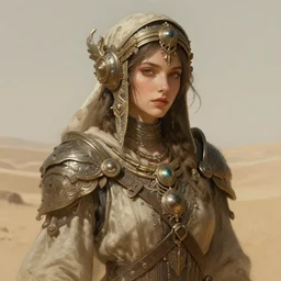 A full portrait of a beautiful post apocalyptic offworld dust merchant, intricate, elegant, highly detailed, digital painting, artstation, concept art, smooth, sharp focus, illustration, art by Krenz Cushart and Artem Demura and alphonse mucha