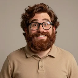 pleasant, happy, husky, nerdy man character portrait, wearing polo shirt, earth tones, dark auburn wavy hair, full beard, glasses without frames, freckles, by don bluth, highly detailed, dynamic shadows, 4 k, wallpaper - 1 0 2 4