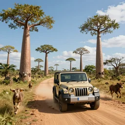 mahindra thar driving through madagascar road with baobabs trees, animals running along, action scene, an epic fantasy, wide shot, artgerm, trending on artstation, masterpiece, by greg rutkowski, by ross tran, by fenghua zhong, octane, soft render, ultrarealistic, colorful, cinematic, horizon zero dawn