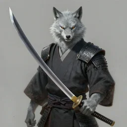 masterpiece painting of an Asian Armored Werewolf wearing Kimono holding a large Katana with light grey fur, featured in artstation, concept art by Greg Rutkowski, WLOP, Dan Mumford, Christophe Vacher