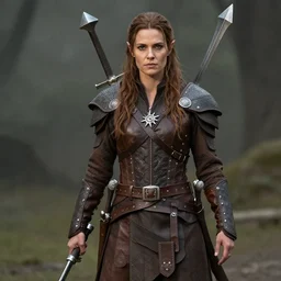 female half orc with brown hair, melee weapons, leather clothing, photo by gertrude kasebier
