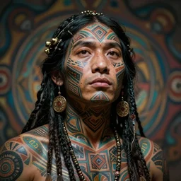 hyperrealistic hyper detailed neo-surreal close-up 35mm portrait of levitating psychedelic shaman covered in geometric tattoos rococo matte painting concept art very dramatic lighting low angle hd 8k sharp shallow depth of field