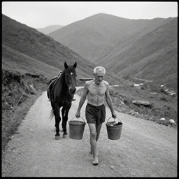 movie still by tarkovsky of an skinny old man carrying a bucket with a horse on a mountain road, cinestill 8 0 0 t 3 5 mm b & w, heavy grain, high quality, noir, natural textures, photorealistic, ambient occlusion, hd, ultra wide lens, anamorphic